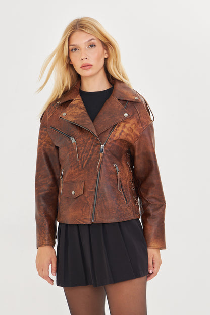 Kadın Eskitme Deri Ceket