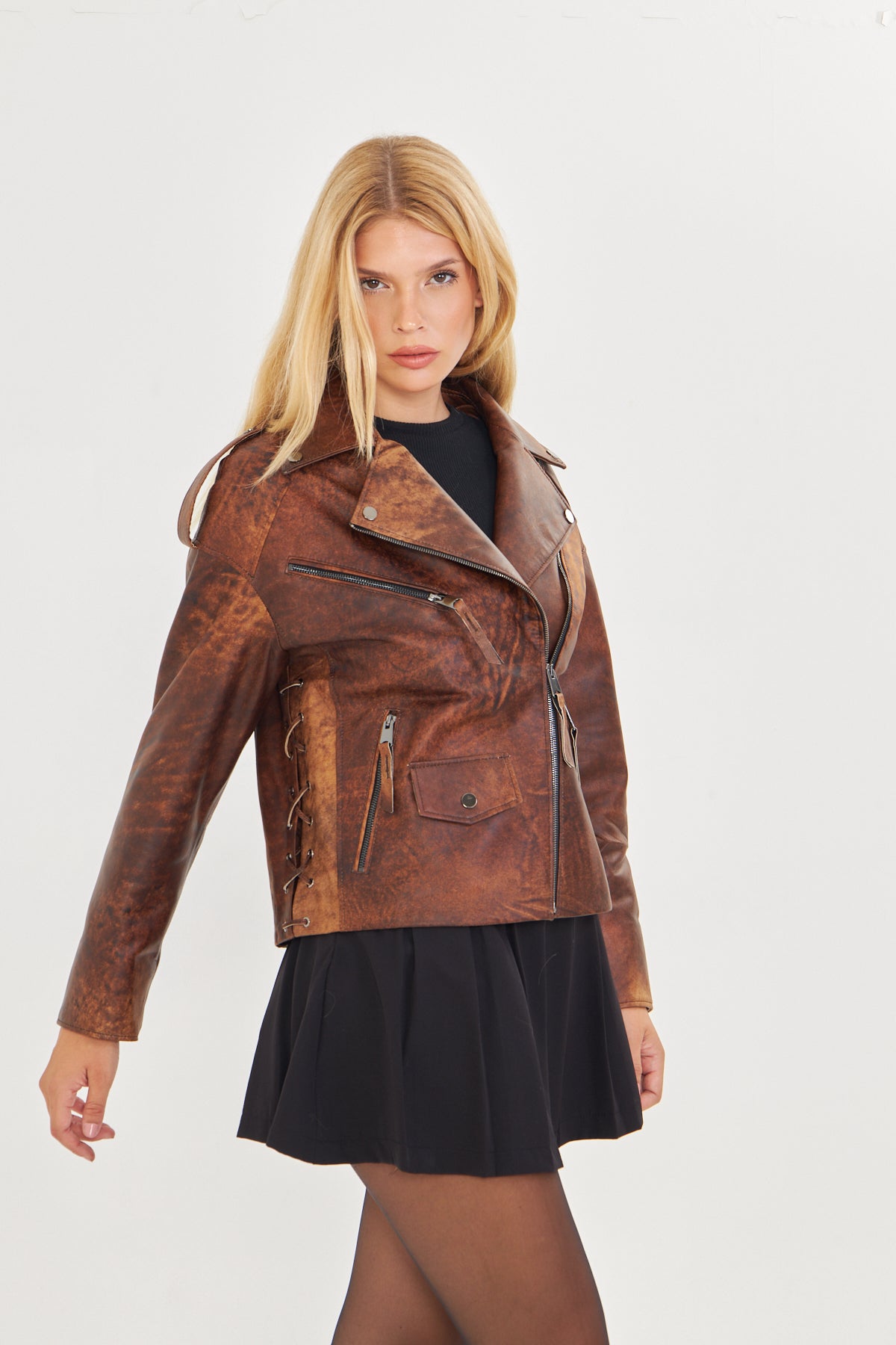 Kadın Eskitme Deri Ceket