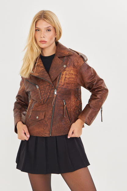 Kadın Eskitme Deri Ceket
