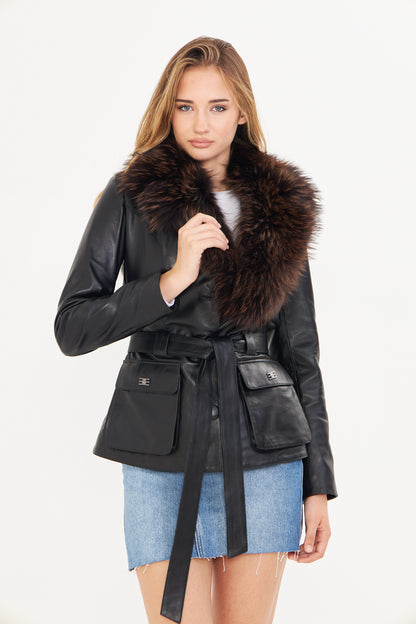 Kadın Tilki Yakalı Deri Ceket