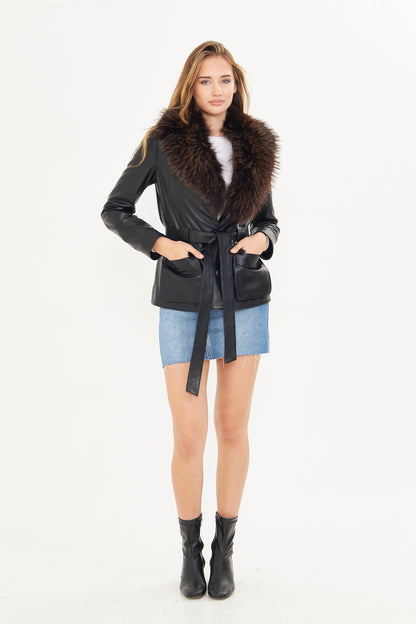Kadın Tilki Yakalı Deri Ceket