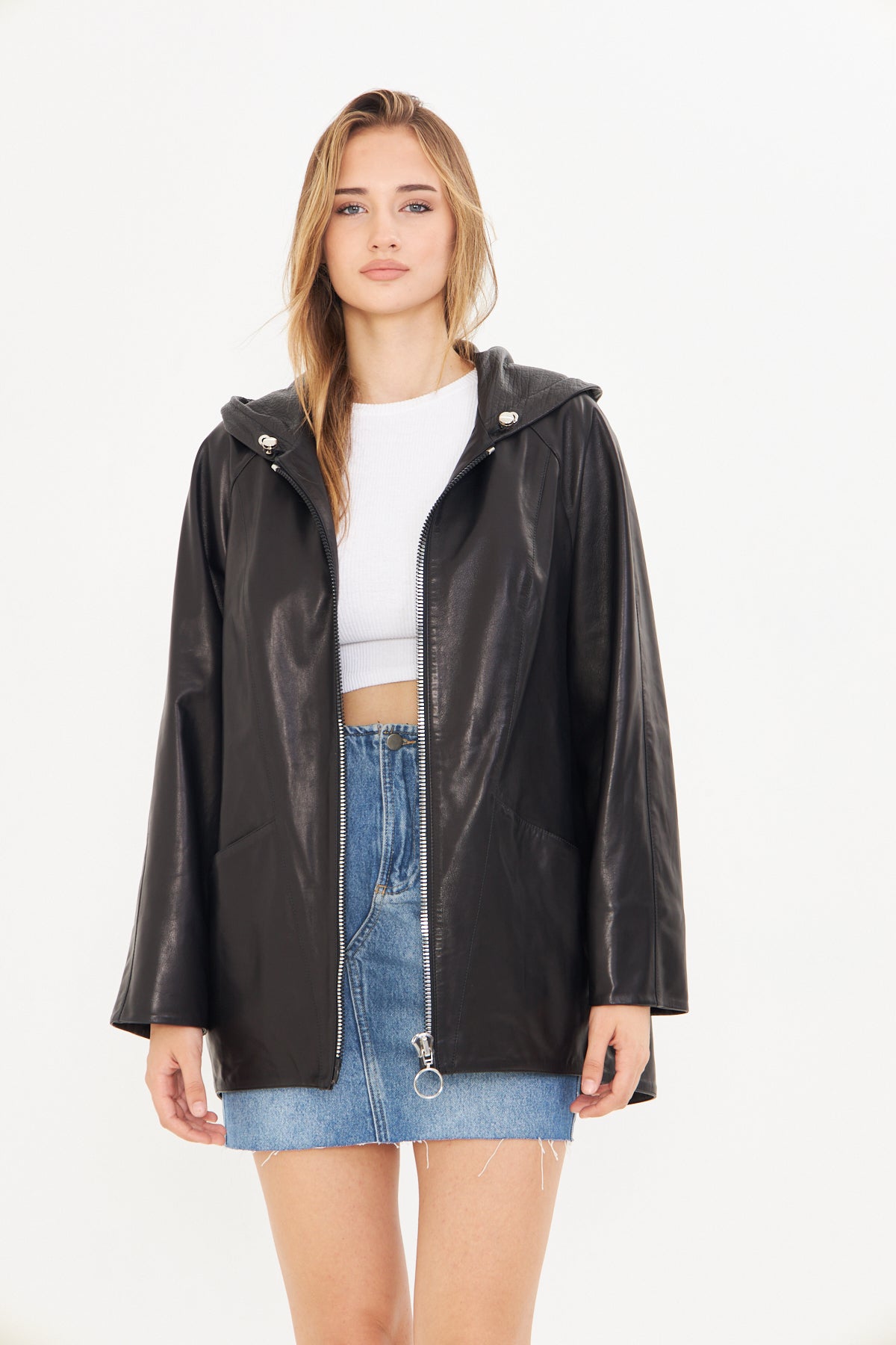 Kadın Kapüşonlu Deri Ceket
