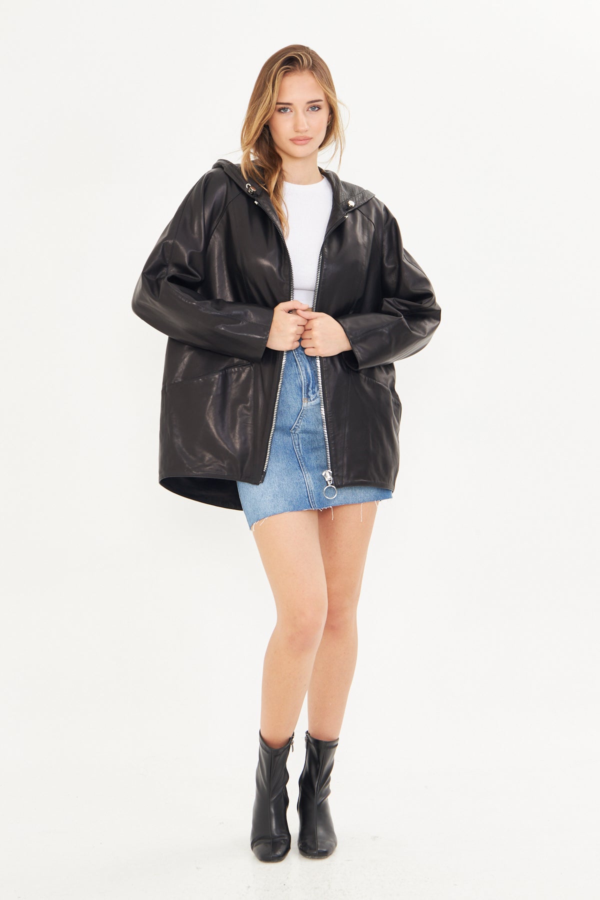 Kadın Kapüşonlu Deri Ceket