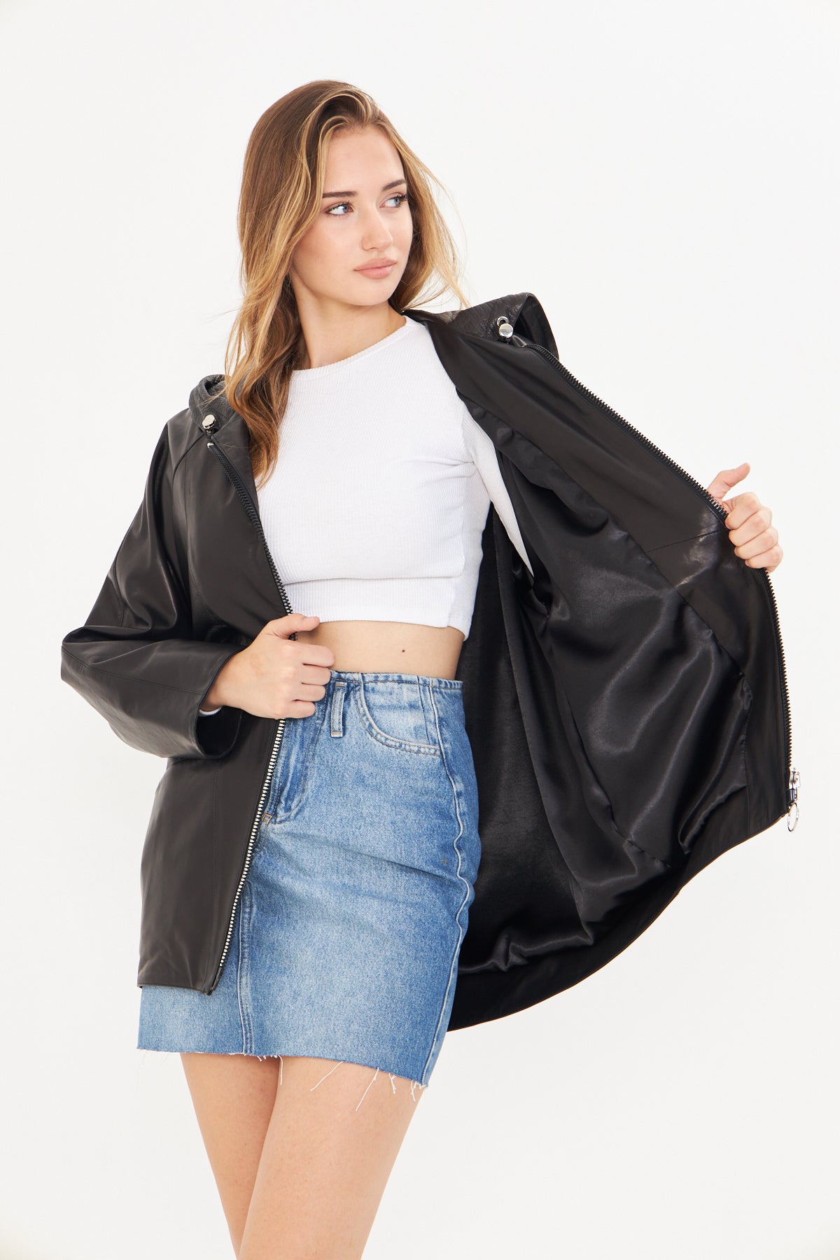 Kadın Kapüşonlu Deri Ceket