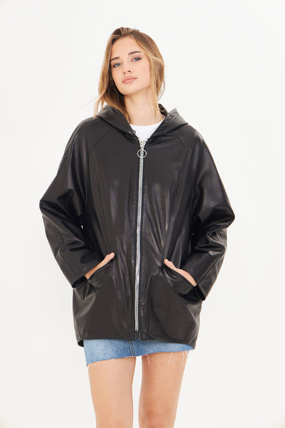 Kadın Kapüşonlu Deri Ceket