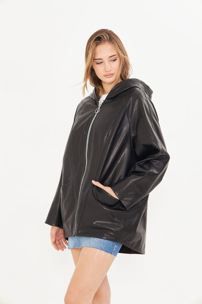 Kadın Kapüşonlu Deri Ceket