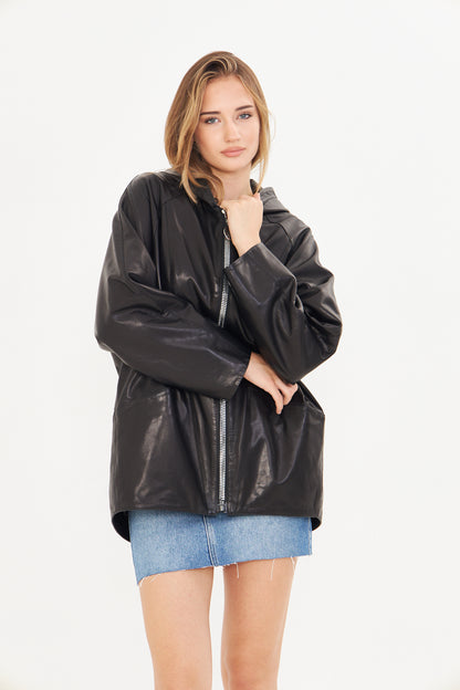 Kadın Kapüşonlu Deri Ceket