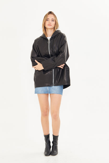 Kadın Kapüşonlu Deri Ceket