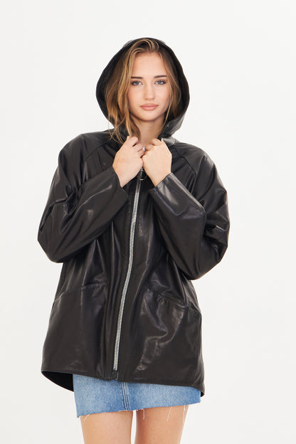 Kadın Kapüşonlu Deri Ceket