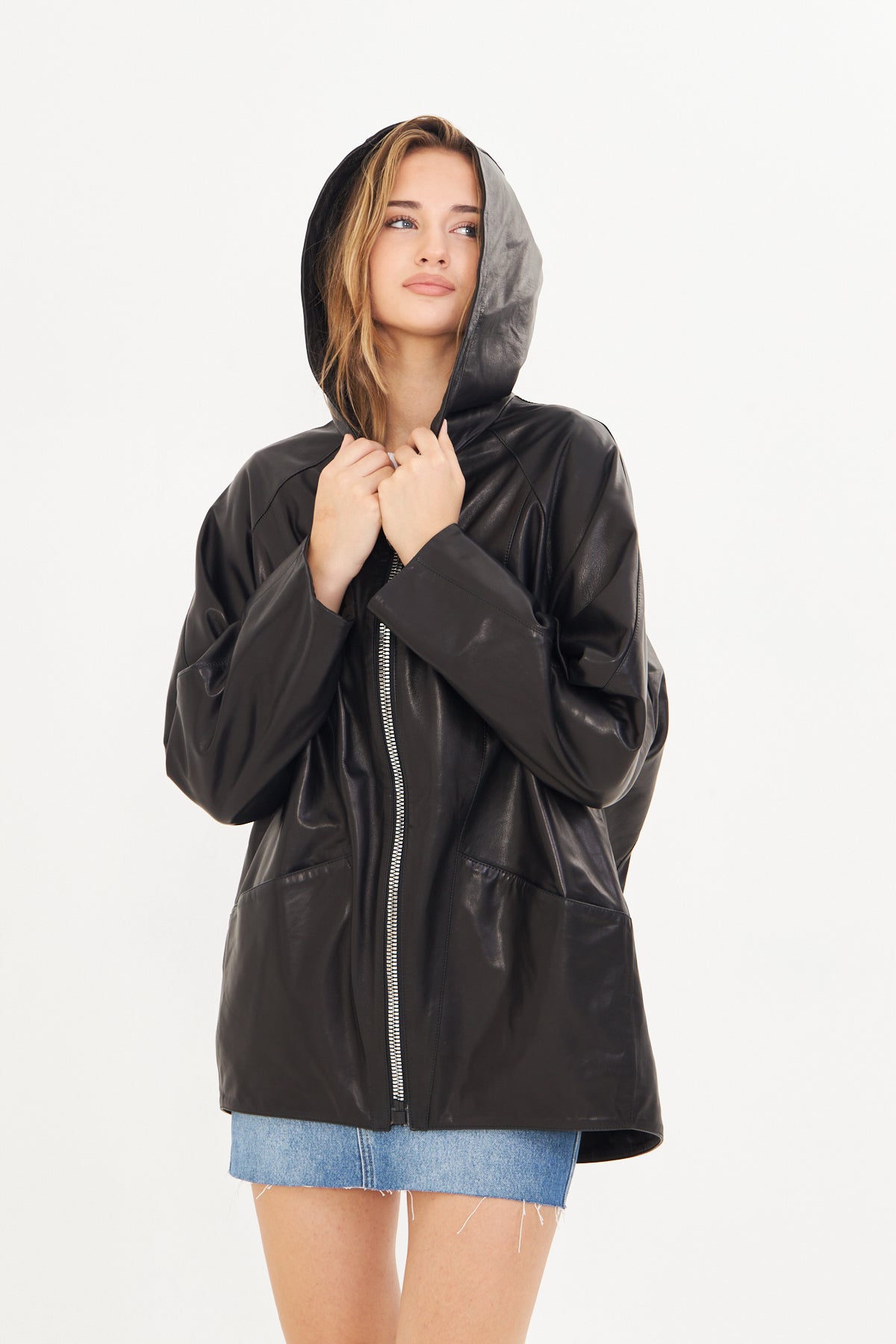 Kadın Kapüşonlu Deri Ceket