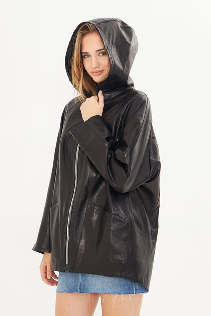 Kadın Kapüşonlu Deri Ceket